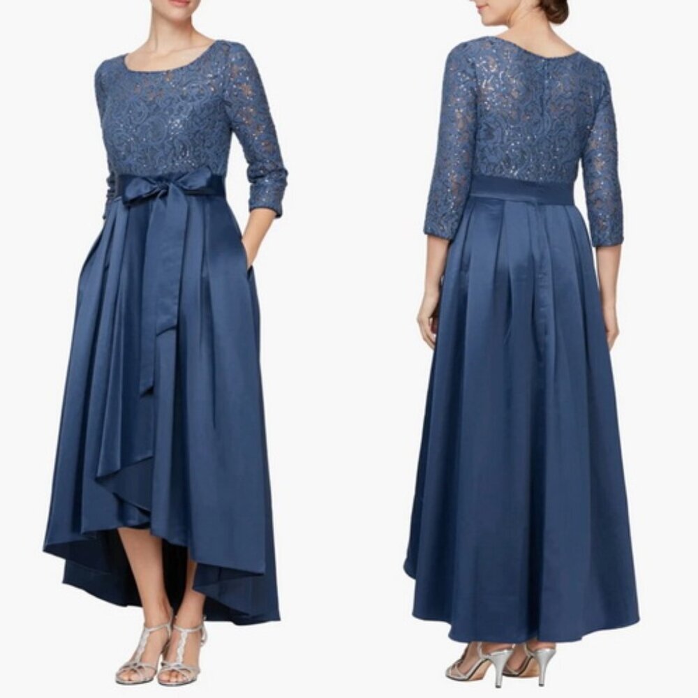 Alex Evenings Wedgewood Blue Sequin Lace High-Low Cocktail Dress
